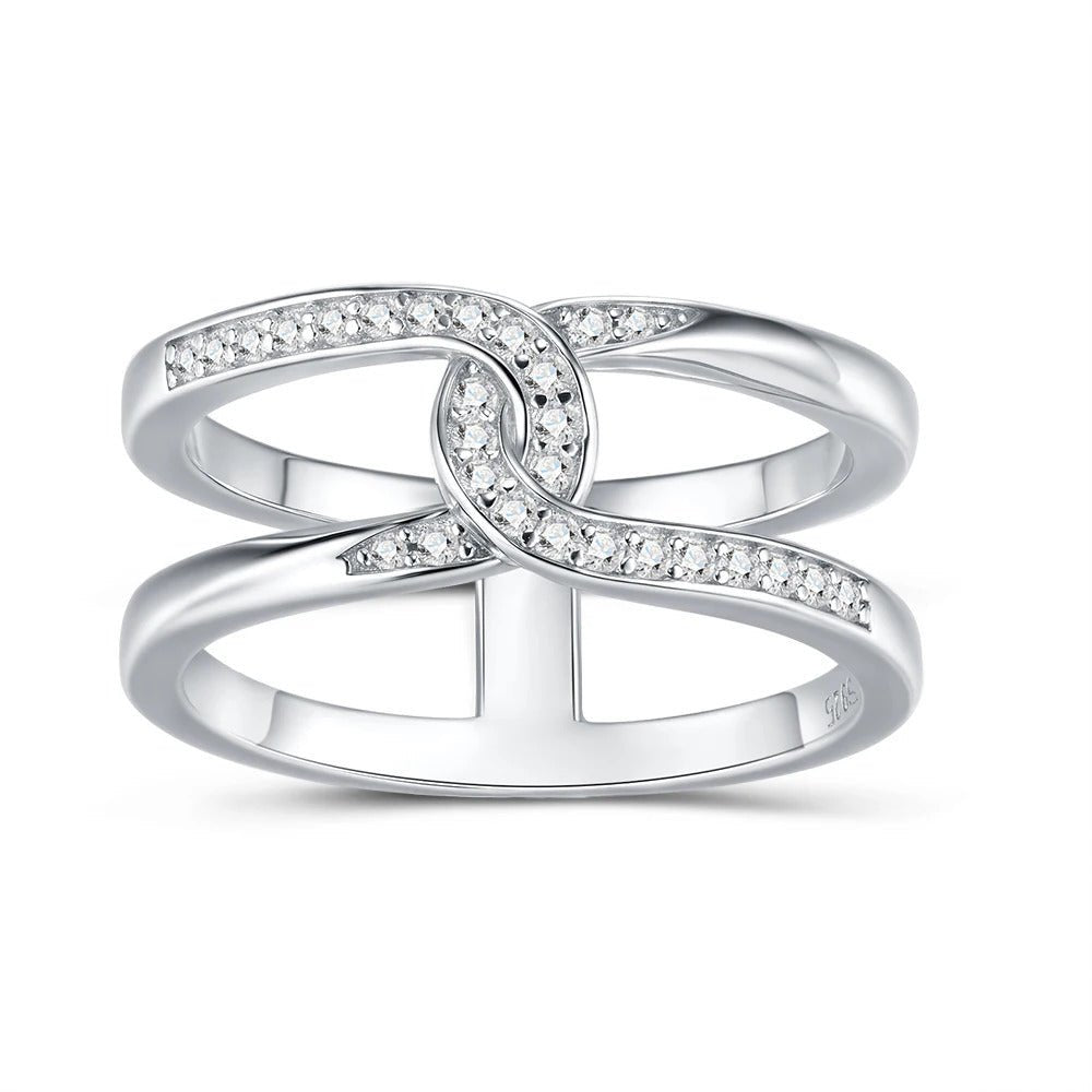 Charmsolo Moissanite Double Band Crossover Ring | S925 Silver | VVS1 D Color 28-Stone Pavé Geometric | R15796