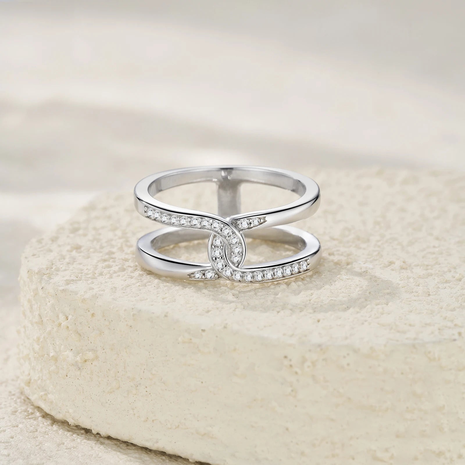 Charmsolo Moissanite Double Band Crossover Ring | S925 Silver | VVS1 D Color 28-Stone Pavé Geometric | R15796