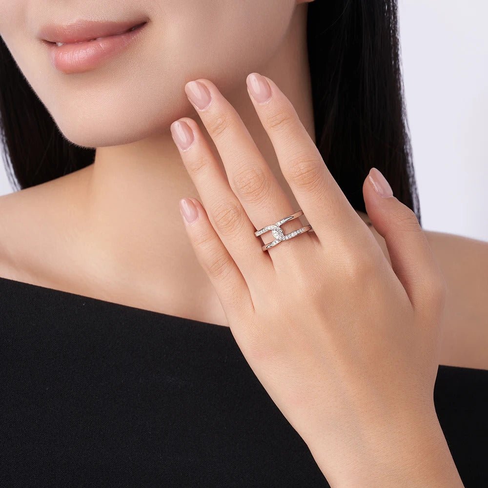 Charmsolo Moissanite Double Band Crossover Ring | S925 Silver | VVS1 D Color 28-Stone Pavé Geometric | R15796