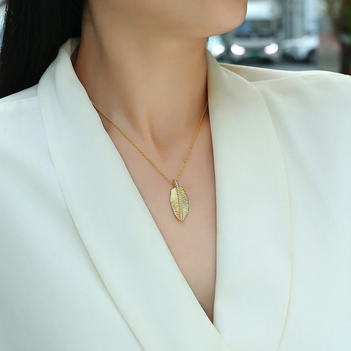 Charmsolo Moissanite Feather Leaf Pendant Necklace | S925 Silver 18K Gold Plated | VVS1 D Color 42-Stone Snake Chain | P15544