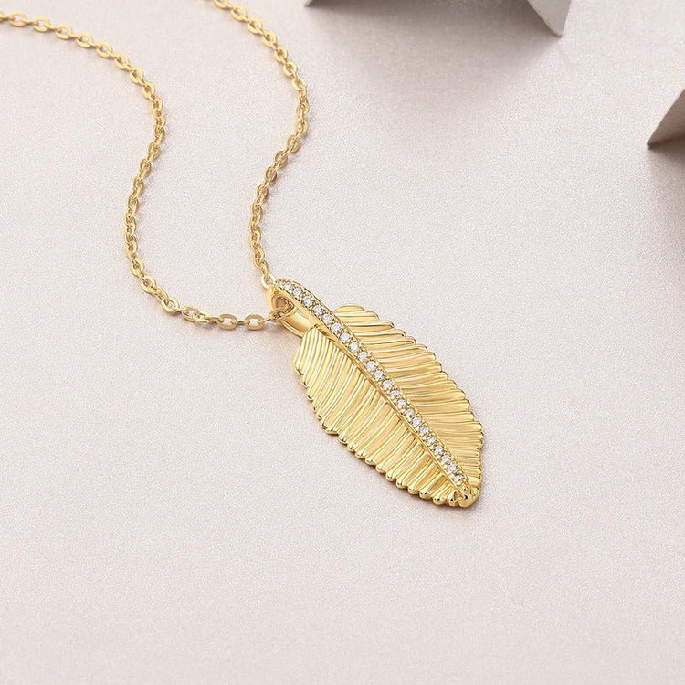 Charmsolo Moissanite Feather Leaf Pendant Necklace | S925 Silver 18K Gold Plated | VVS1 D Color 42-Stone Snake Chain | P15544