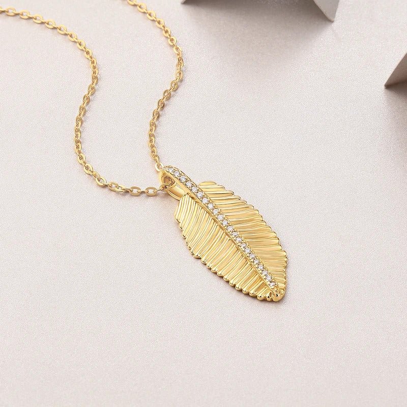 Charmsolo Moissanite Feather Leaf Pendant Necklace | S925 Silver 18K Gold Plated | VVS1 D Color 42-Stone Snake Chain | P15544