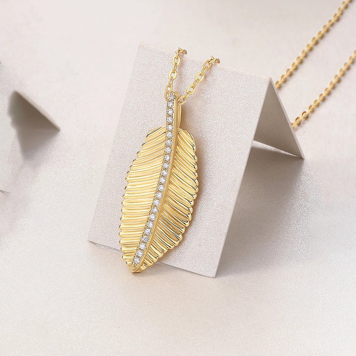 Charmsolo Moissanite Feather Leaf Pendant Necklace | S925 Silver 18K Gold Plated | VVS1 D Color 42-Stone Snake Chain | P15544