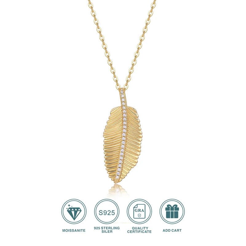 Charmsolo Moissanite Feather Leaf Pendant Necklace | S925 Silver 18K Gold Plated | VVS1 D Color 42-Stone Snake Chain | P15544