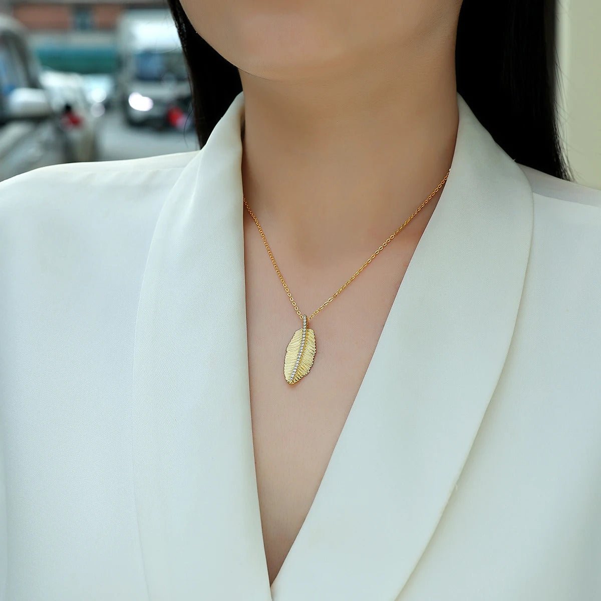 Charmsolo Moissanite Feather Leaf Pendant Necklace | S925 Silver 18K Gold Plated | VVS1 D Color 42-Stone Snake Chain | P15544