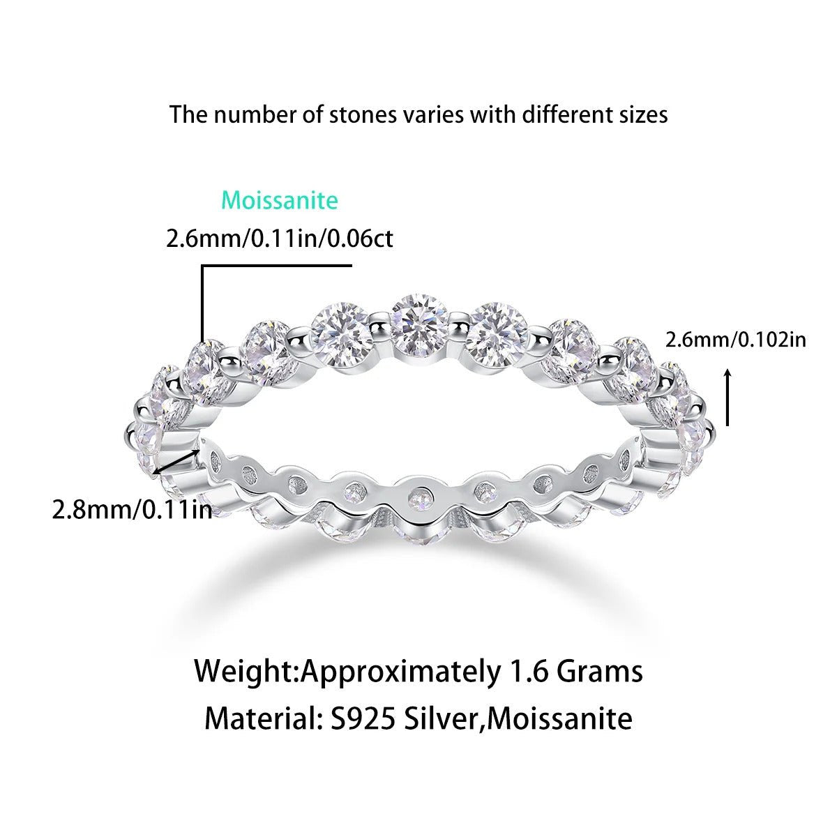 Charmsolo Moissanite Full Eternity Band Ring | S925 Silver | VVS1 D Color 2.6mm 8H8A Cut 21-Stone Geometric | R13141