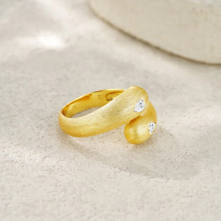 Charmsolo Moissanite Pear Shape Dual-Stone Ring | S925 Silver 18K Gold Plated | VVS1 D Color 8H8A Cut Ethnic Style | R14905