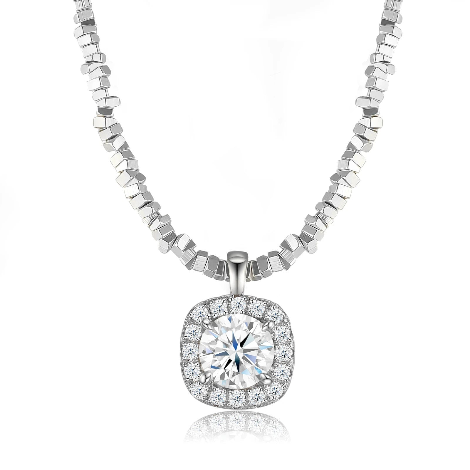 Charmsolo Moissanite Square Pendant Necklace | S925 Silver 18K White Gold Plated | VVS1 D Color Geometric | N16398