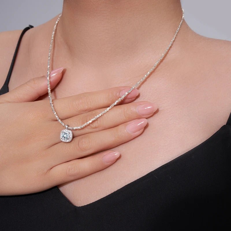 Charmsolo Moissanite Square Pendant Necklace | S925 Silver 18K White Gold Plated | VVS1 D Color Geometric | N16398