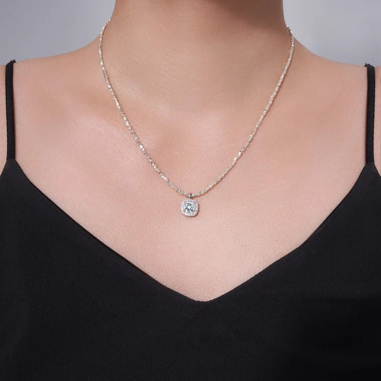 Charmsolo Moissanite Square Pendant Necklace | S925 Silver 18K White Gold Plated | VVS1 D Color Geometric | N16398