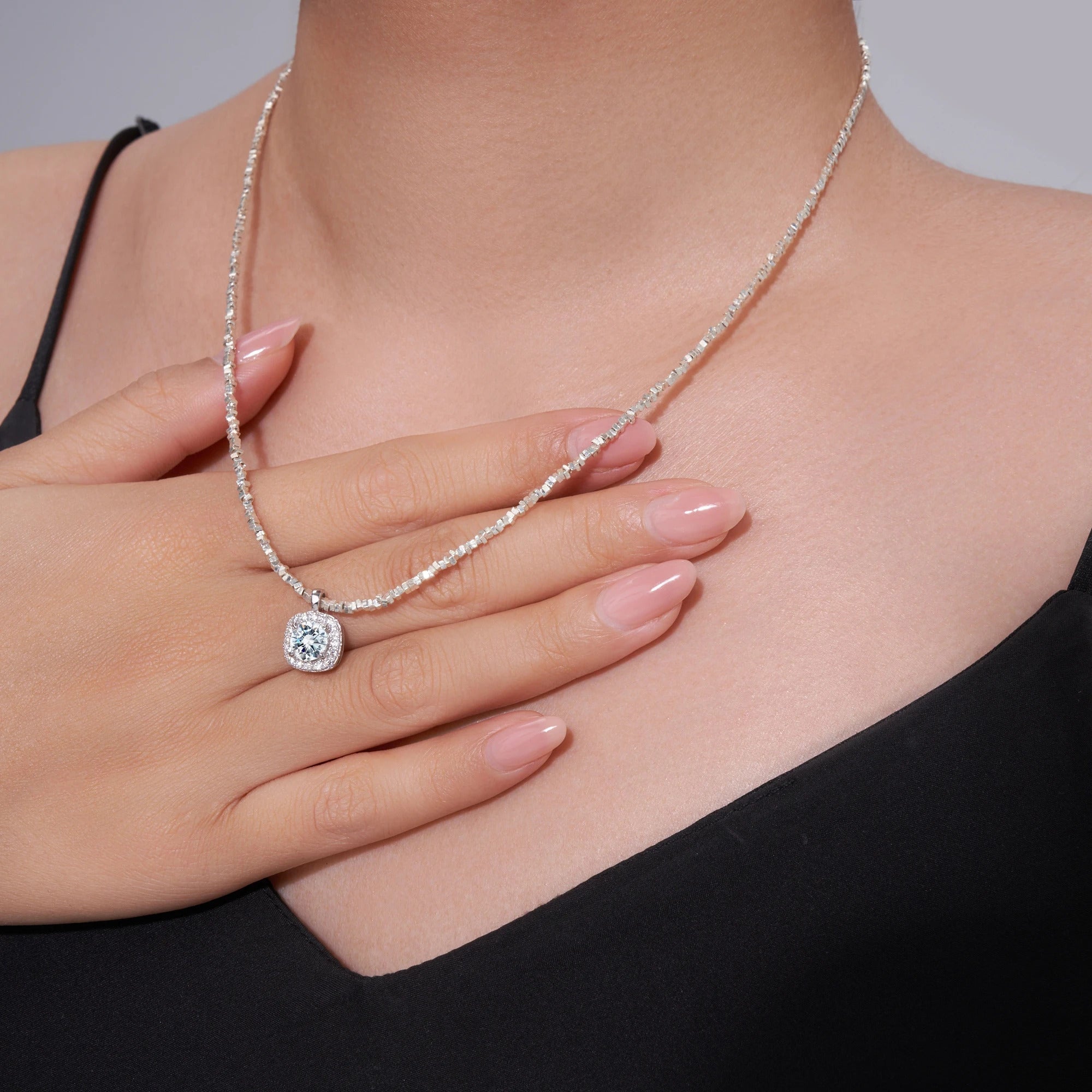 Charmsolo Moissanite Square Pendant Necklace | S925 Silver 18K White Gold Plated | VVS1 D Color Geometric | N16398
