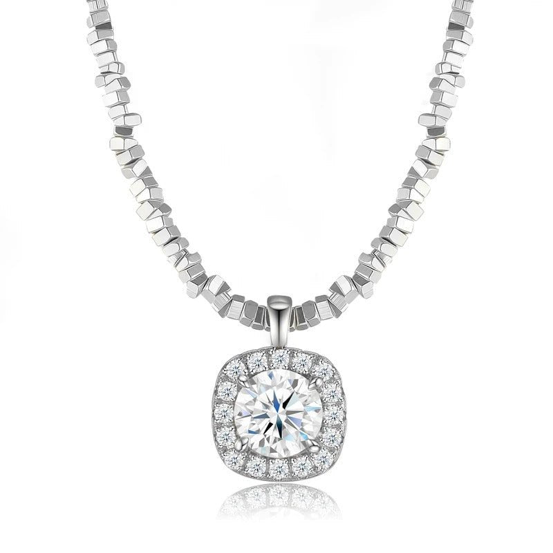 Charmsolo Moissanite Square Pendant Necklace | S925 Silver 18K White Gold Plated | VVS1 D Color Geometric | N16398