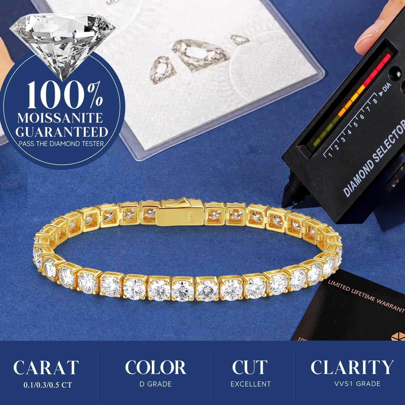 Charmsolo Moissanite Tennis Bracelet | S925 Silver 3-Color Plated | VVS1 D Color 4mm 8H8A Cut 4.7–5.9Ct Unisex | L12759