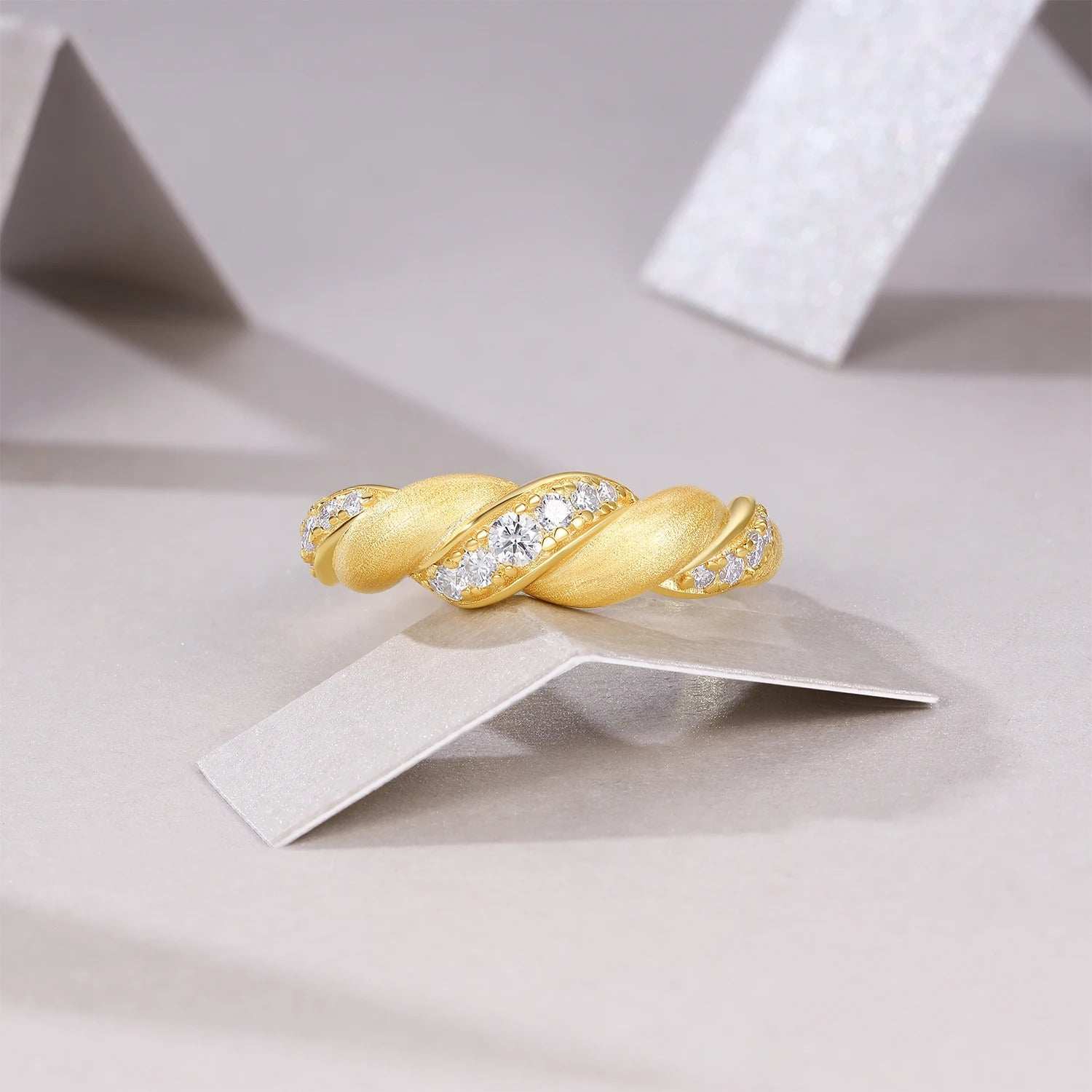 Charmsolo Moissanite Twisted Braided Matte Ring | S925 Silver 18K Gold Plated | VVS1 D Color Brushed Geometric Individualistic | R15863-BH