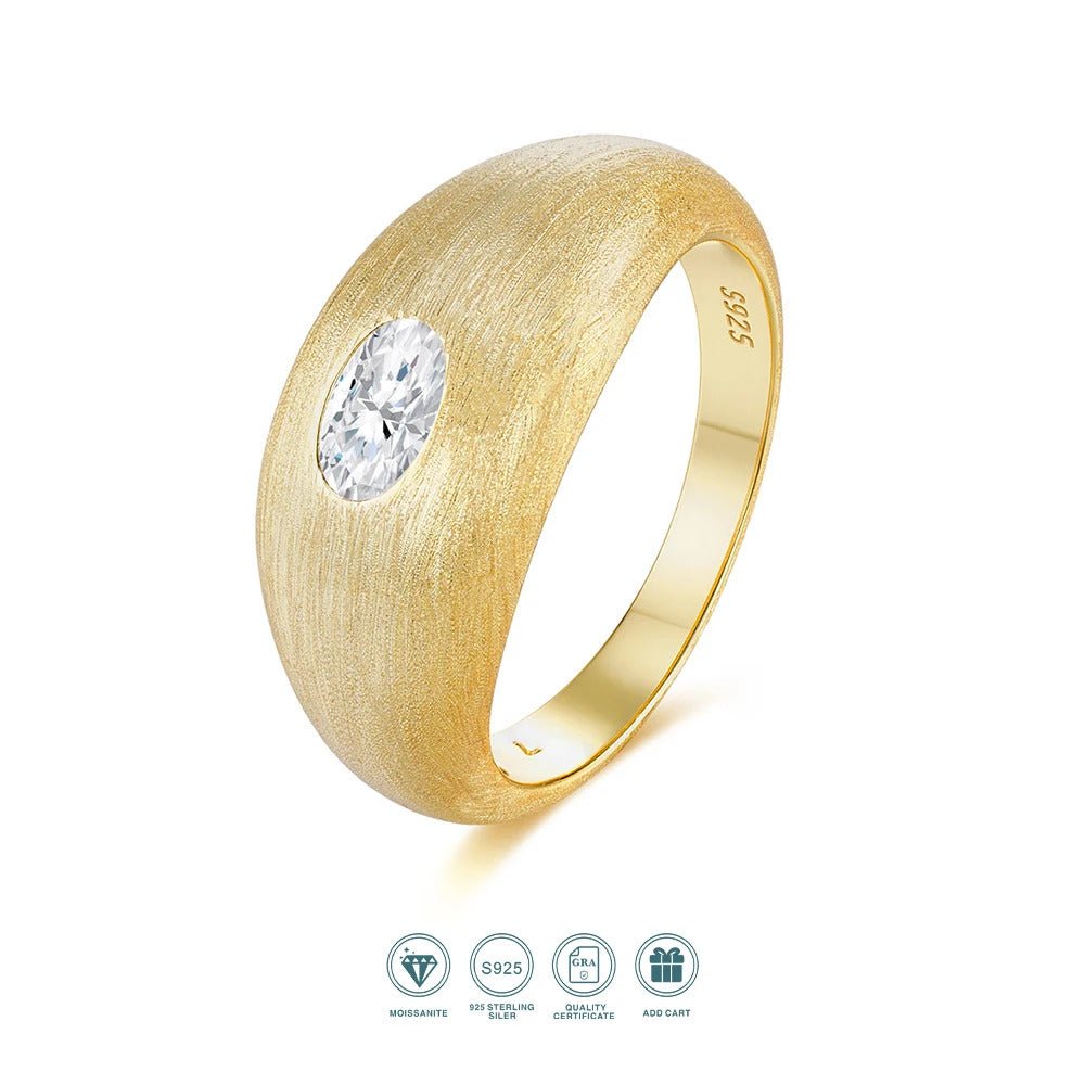 Charmsolo Oval Moissanite dome Bezel Ring | S925 Silver 18K Gold Plated Brushed Matte | VVS1 D Color 8H8A Vintage Style | R14905
