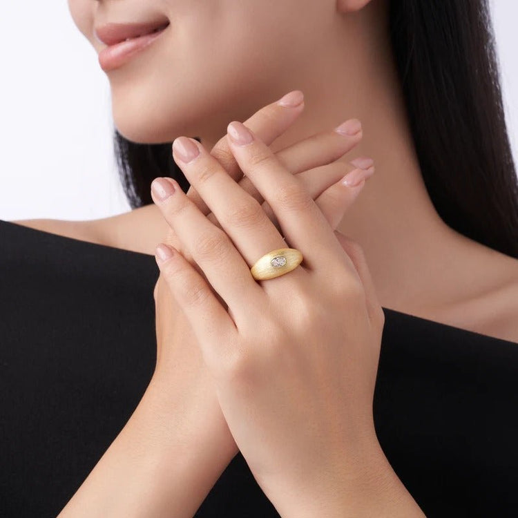 Charmsolo Oval Moissanite dome Bezel Ring | S925 Silver 18K Gold Plated Brushed Matte | VVS1 D Color 8H8A Vintage Style | R14905