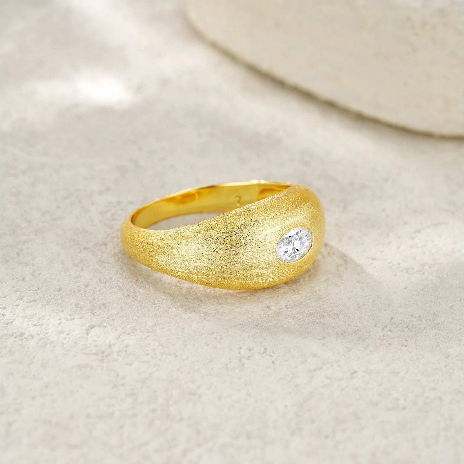 Charmsolo Oval Moissanite dome Bezel Ring | S925 Silver 18K Gold Plated Brushed Matte | VVS1 D Color 8H8A Vintage Style | R14905