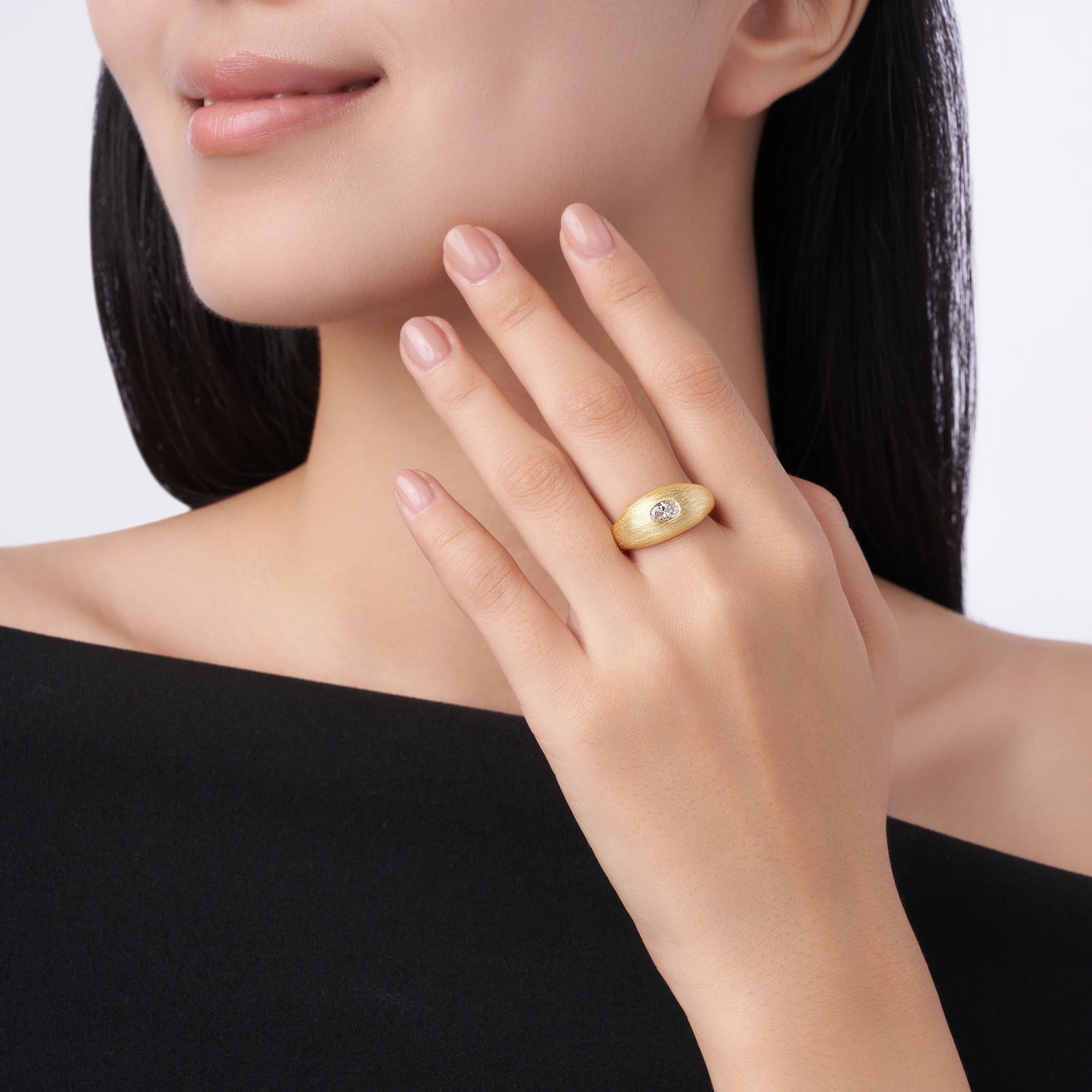 Charmsolo Oval Moissanite dome Bezel Ring | S925 Silver 18K Gold Plated Brushed Matte | VVS1 D Color 8H8A Vintage Style | R14905