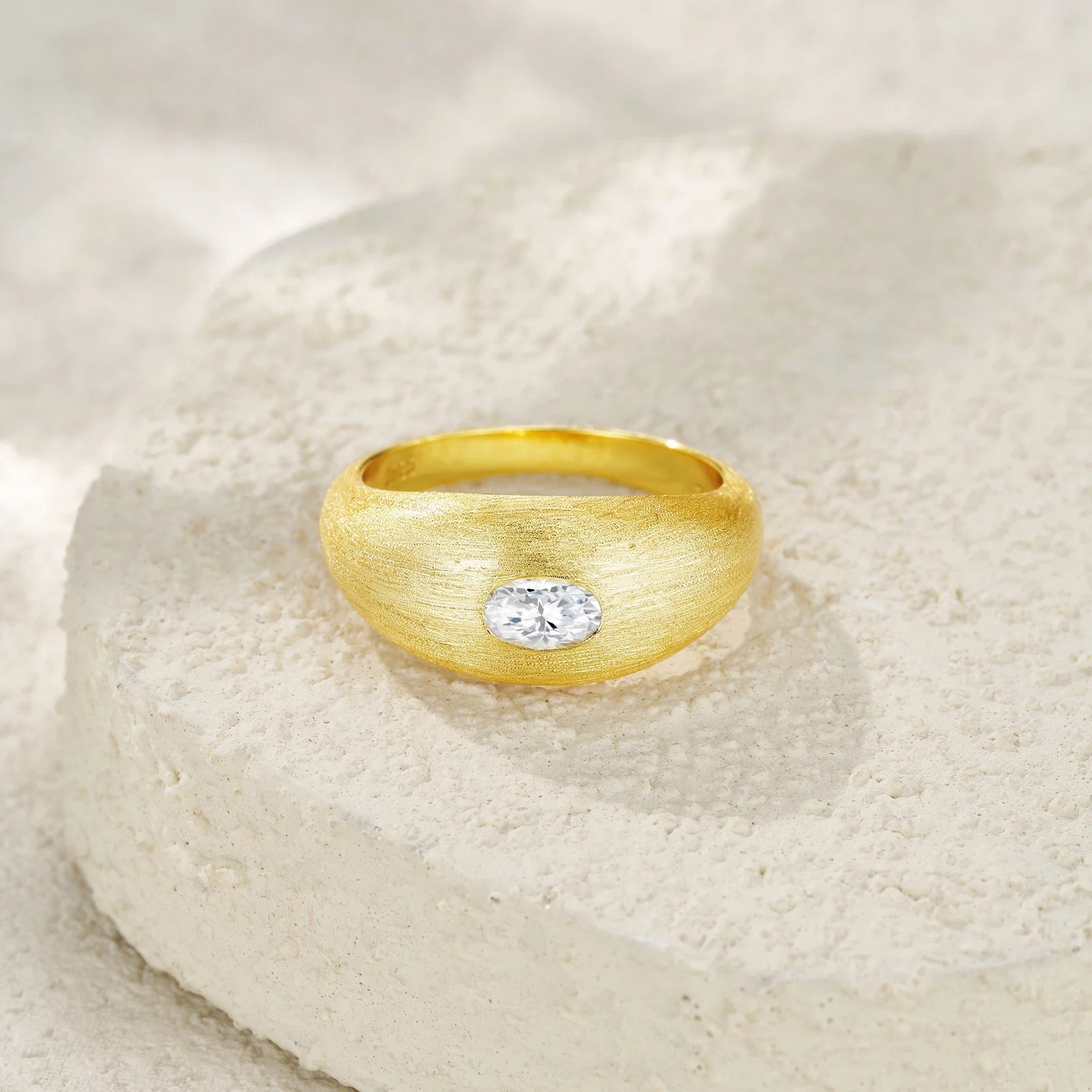 Charmsolo Oval Moissanite dome Bezel Ring | S925 Silver 18K Gold Plated Brushed Matte | VVS1 D Color 8H8A Vintage Style | R14905