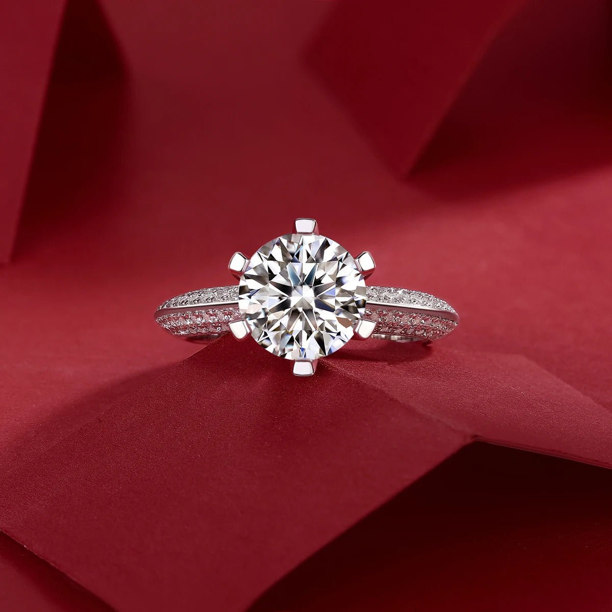 Charmsolo R12690 925 Sterling Silver Moissanite Geometric Band Ring – White Gold