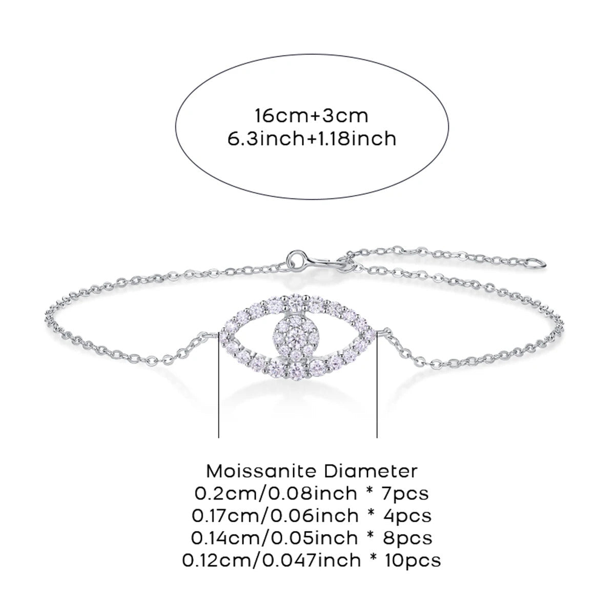 Evil Eye Moissanite Chain Bracelet | S925 Silver 18K Gold Plated | 29 VVS1 D-Color Stones | Adjustable | GRA Certified | Charmsolo