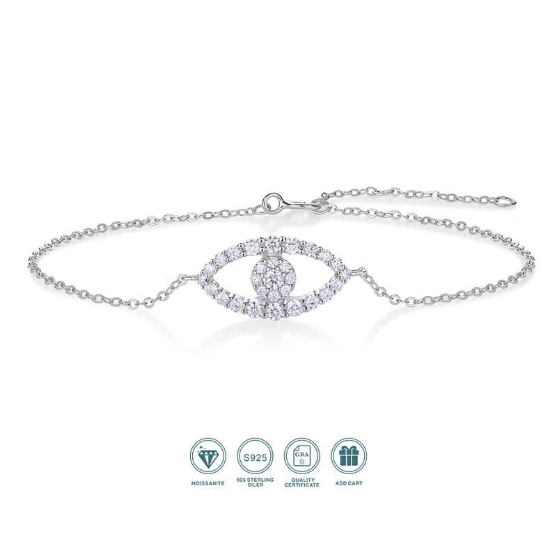 Evil Eye Moissanite Chain Bracelet | S925 Silver 18K Gold Plated | 29 VVS1 D-Color Stones | Adjustable | GRA Certified | Charmsolo
