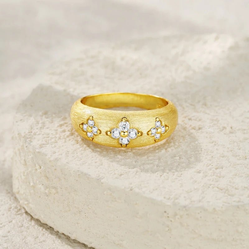 Floral Moissanite Bezel Wedding Band | S925 Silver 18K Gold Plated Brushed Finish | VVS1 D-Color | Charmsolo