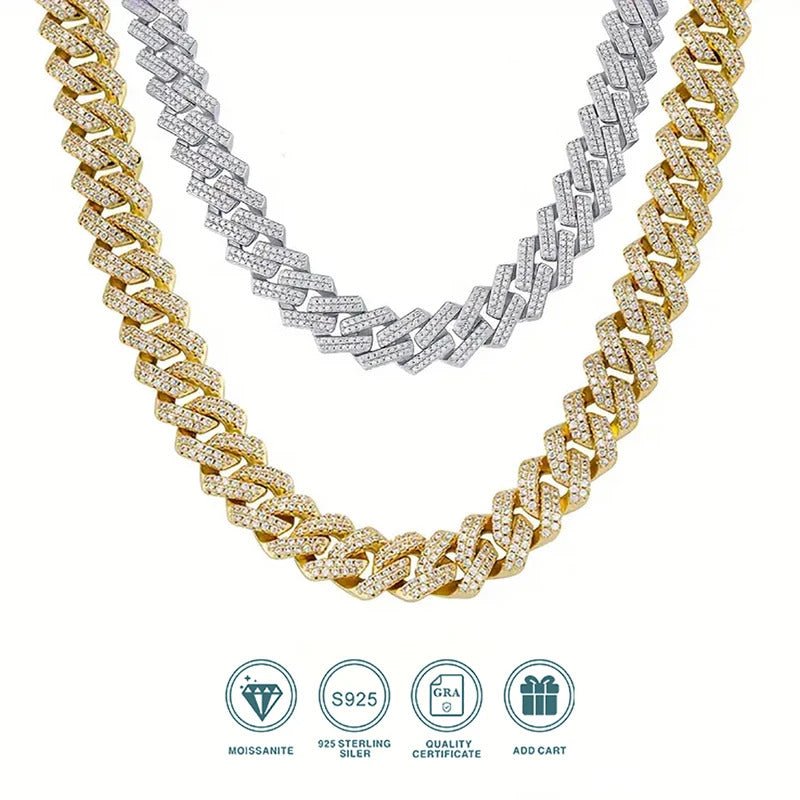Full Pavé Moissanite Cuban Chain Necklace | S925 Silver 18K Gold Plated | 1.5mm Eight Hearts & Arrows | Hip Hop | GRA Certified | Charmsolo