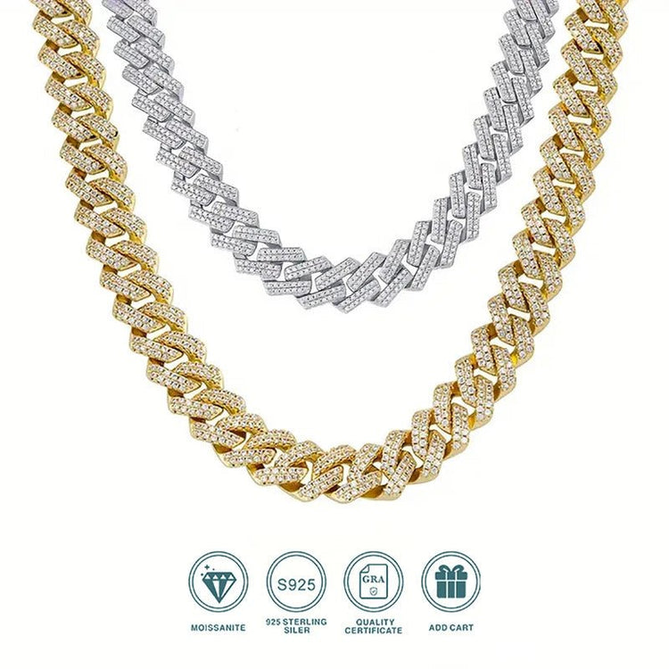 Full Pavé Moissanite Cuban Chain Necklace | S925 Silver 18K Gold Plated | 1.5mm Eight Hearts & Arrows | Hip Hop | GRA Certified | Charmsolo