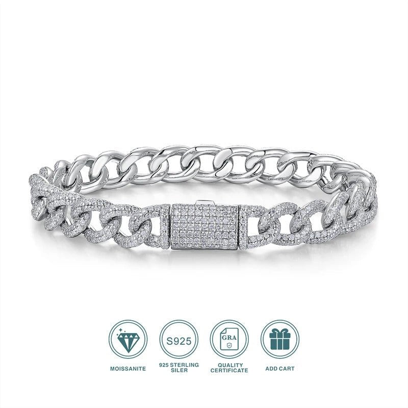 Full Pavé Moissanite Cuban Link Bracelet | S925 Silver 18K Gold Plated | 617 Eight Hearts & Arrows Stones | 7.17ct | GRA Certified | Charmsolo