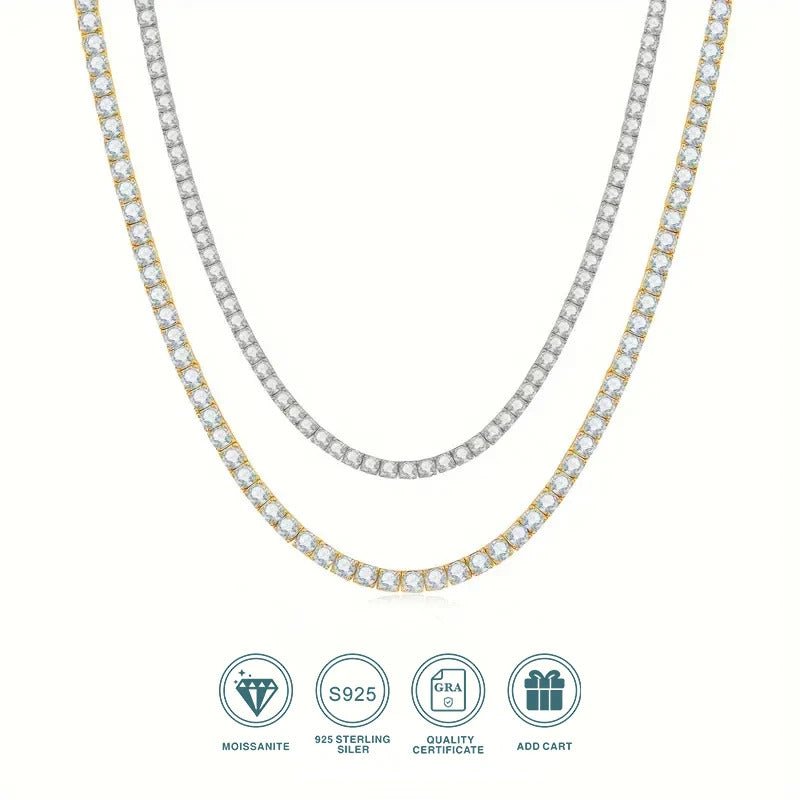 Iced Out Moissanite Tennis Necklace | S925 Silver 18K Gold Plated | 3–5.2mm VVS1 D-Color Eight Hearts & Arrows | Hip Hop | GRA Certified | Charmsolo