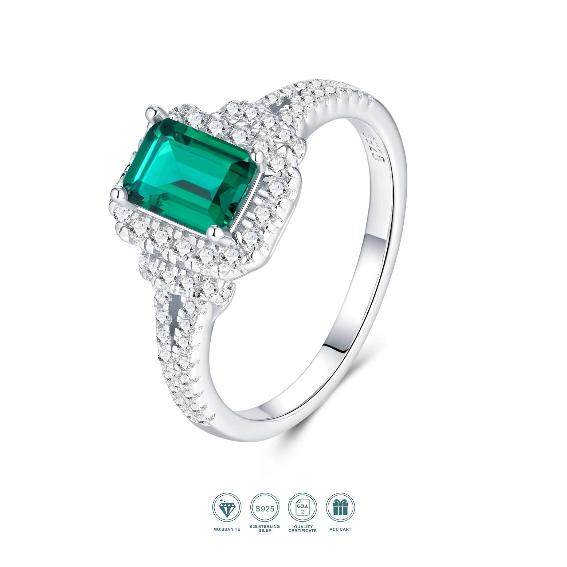 Lab Emerald & Moissanite Halo Ring | S925 Silver 18K Gold Plated | 5×7mm Octagon Center | 65 Pavé Stones | Charmsolo