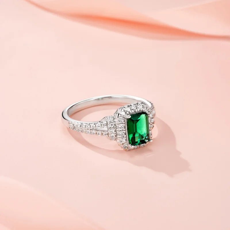 Lab Emerald & Moissanite Halo Ring | S925 Silver 18K Gold Plated | 5×7mm Octagon Center | 65 Pavé Stones | Charmsolo