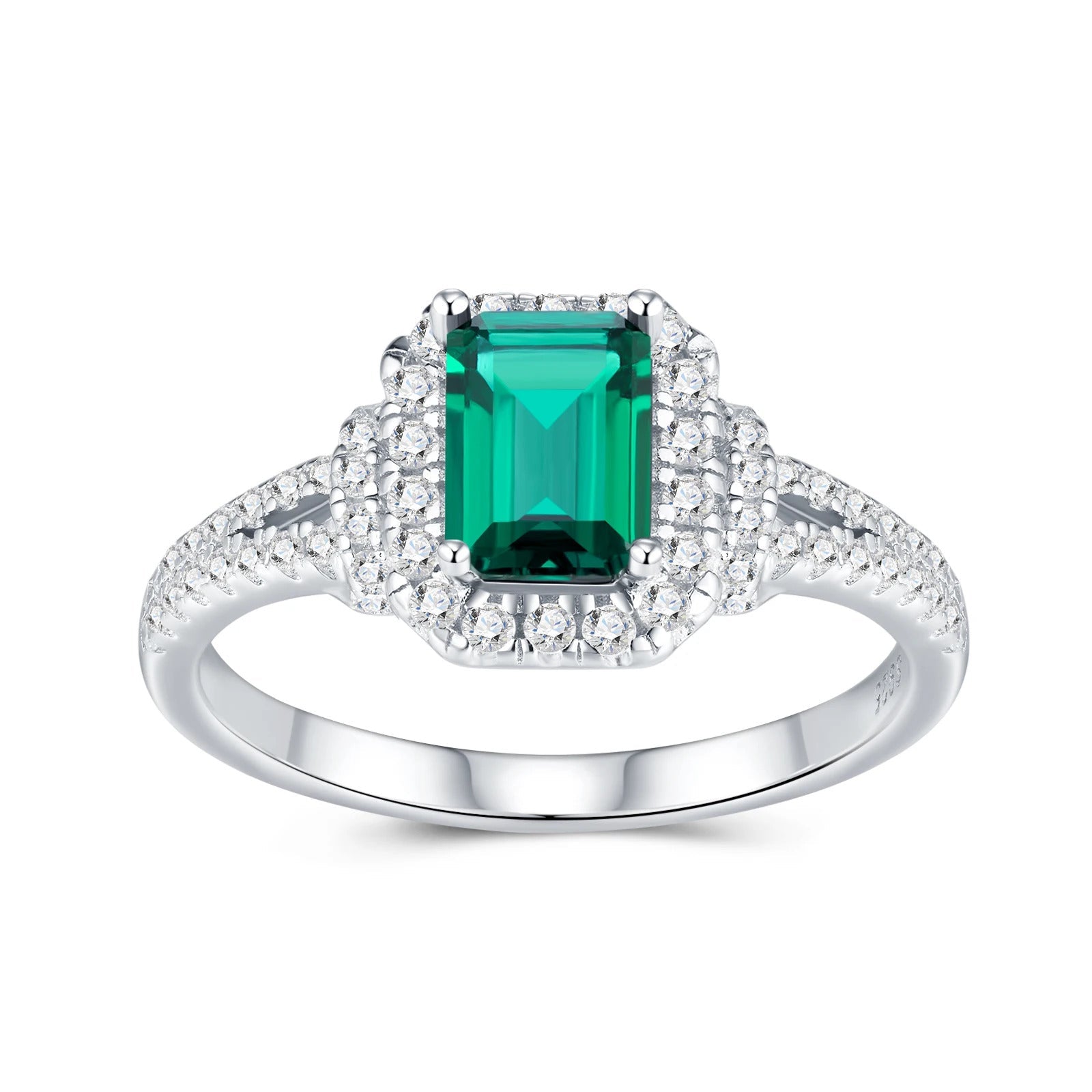 Lab Emerald & Moissanite Halo Ring | S925 Silver 18K Gold Plated | 5×7mm Octagon Center | 65 Pavé Stones | Charmsolo