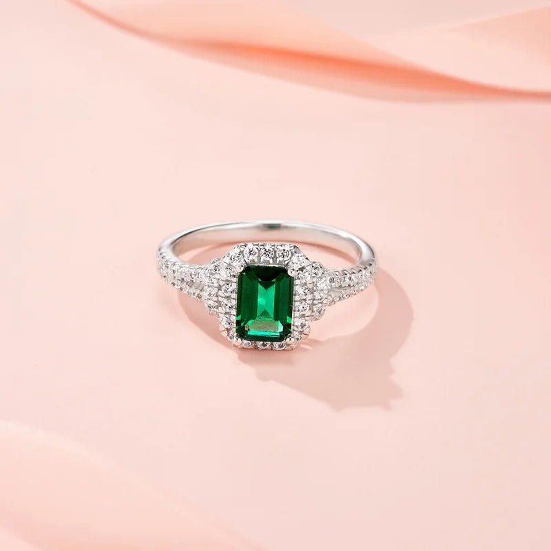 Lab Emerald & Moissanite Halo Ring | S925 Silver 18K Gold Plated | 5×7mm Octagon Center | 65 Pavé Stones | Charmsolo