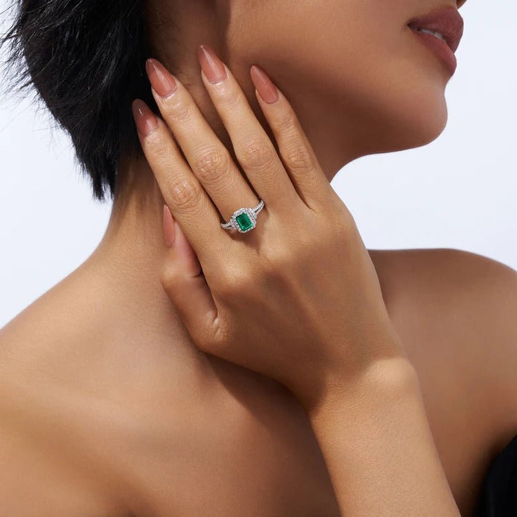 Lab Emerald & Moissanite Halo Ring | S925 Silver 18K Gold Plated | 5×7mm Octagon Center | 65 Pavé Stones | Charmsolo