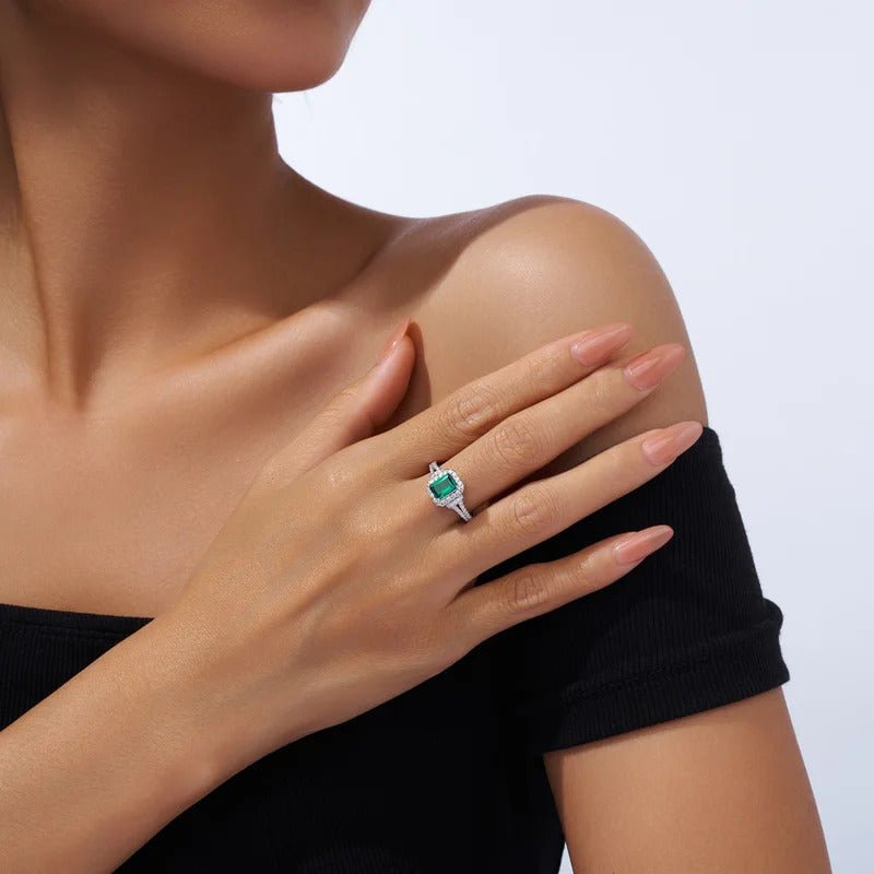 Lab Emerald & Moissanite Halo Ring | S925 Silver 18K Gold Plated | 5×7mm Octagon Center | 65 Pavé Stones | Charmsolo