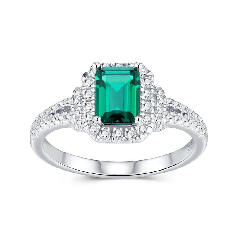 Lab Emerald & Moissanite Halo Ring | S925 Silver 18K Gold Plated | 5×7mm Octagon Center | 65 Pavé Stones | Charmsolo