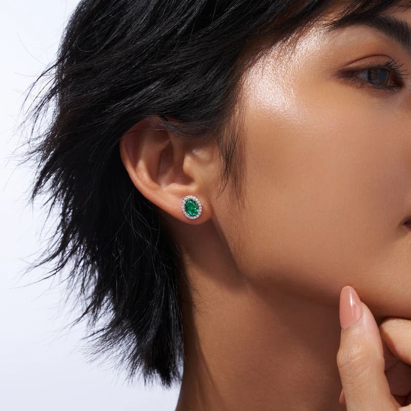 Lab Emerald Oval Halo Stud Earrings | 925 Silver 18K Gold Plated | 5×7mm Green Moissanite