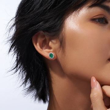 Lab Emerald Oval Halo Stud Earrings | 925 Silver 18K Gold Plated | 5×7mm Green Moissanite