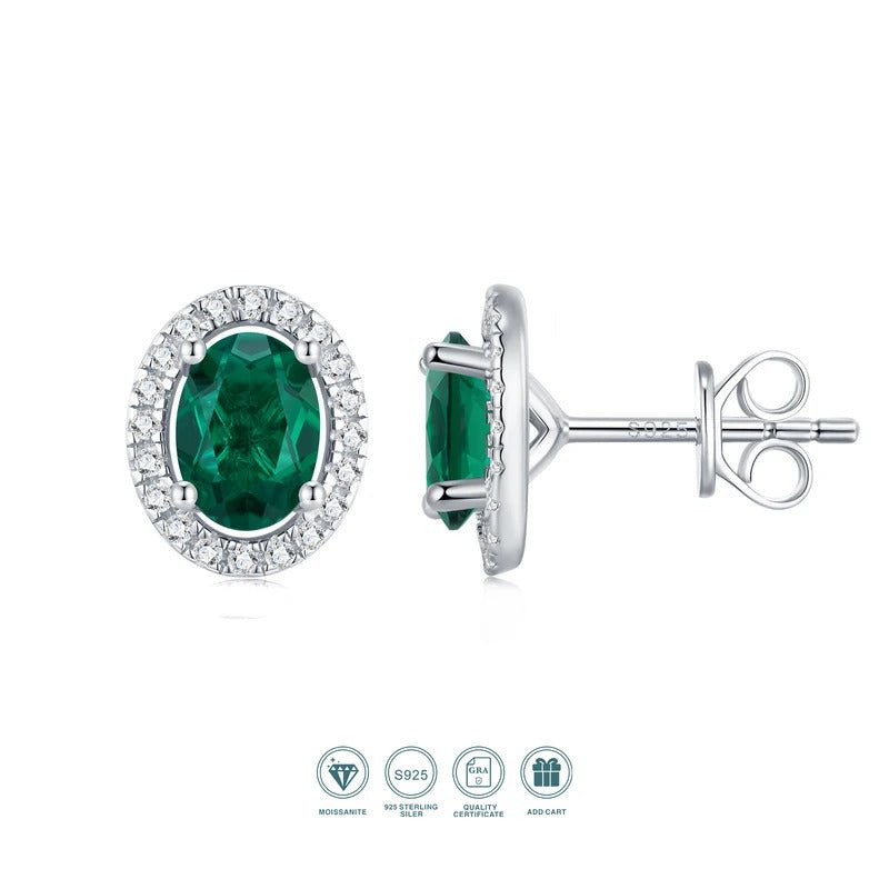 Lab Emerald Oval Halo Stud Earrings | 925 Silver 18K Gold Plated | 5×7mm Green Moissanite