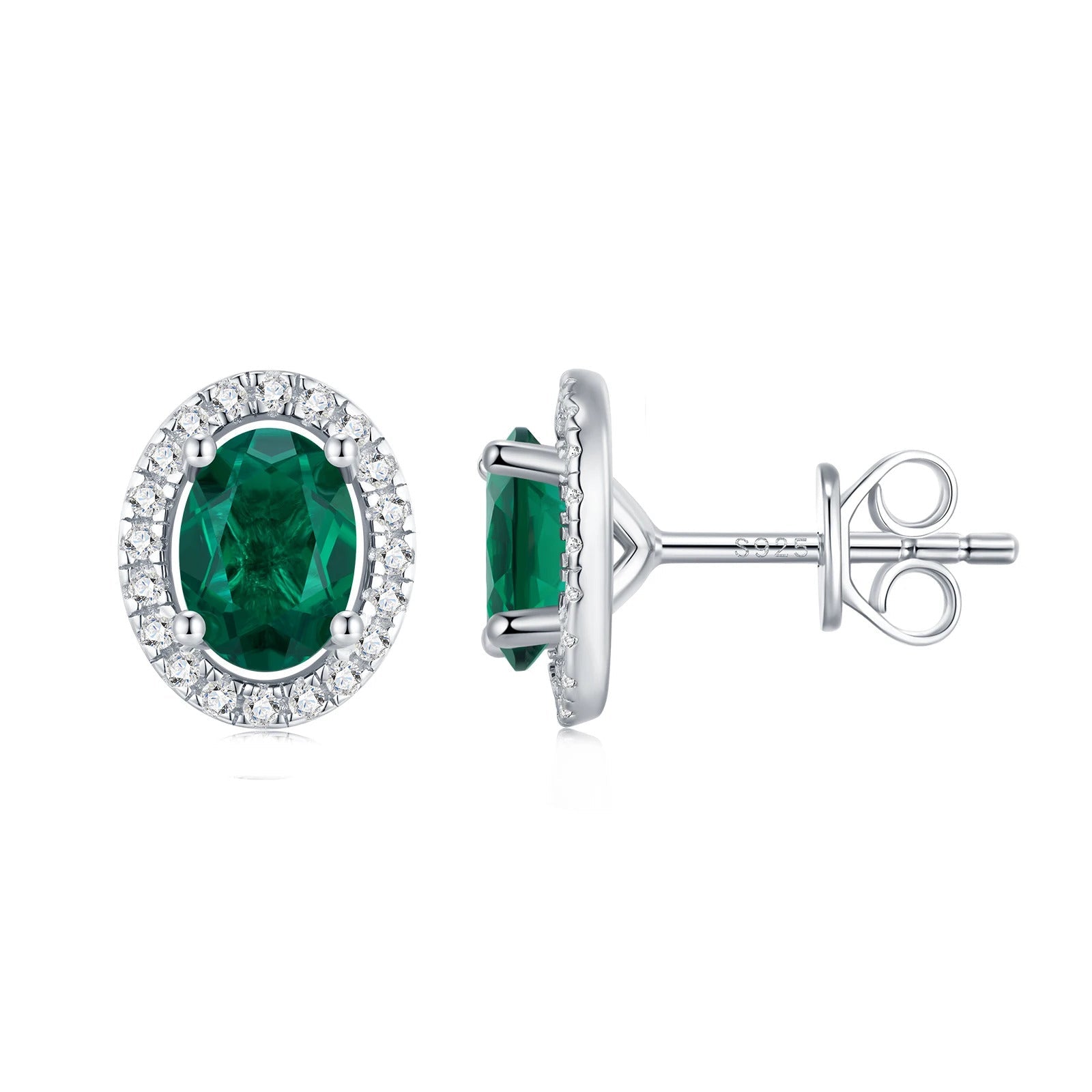 Lab Emerald Oval Halo Stud Earrings | 925 Silver 18K Gold Plated | 5×7mm Green Moissanite