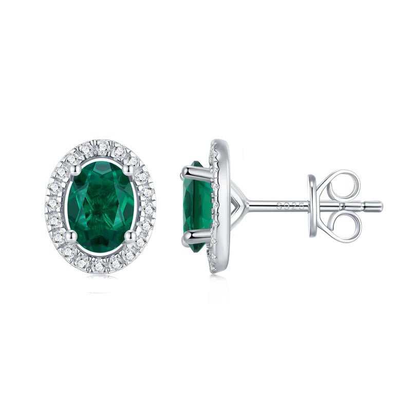 Lab Emerald Oval Halo Stud Earrings | 925 Silver 18K Gold Plated | 5×7mm Green Moissanite