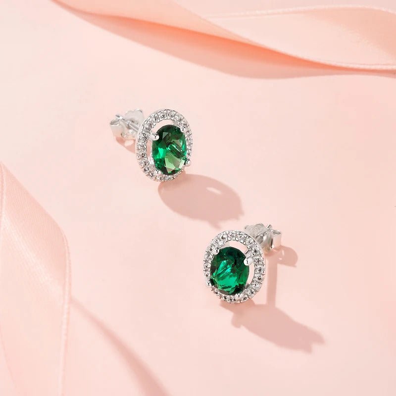 Lab Emerald Oval Halo Stud Earrings | 925 Silver 18K Gold Plated | 5×7mm Green Moissanite