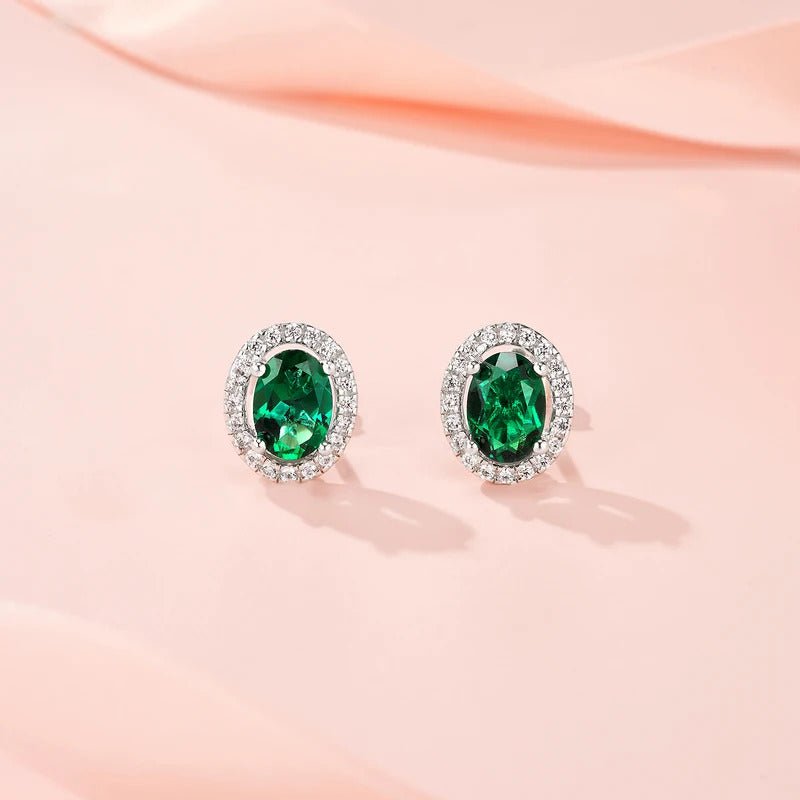 Lab Emerald Oval Halo Stud Earrings | 925 Silver 18K Gold Plated | 5×7mm Green Moissanite