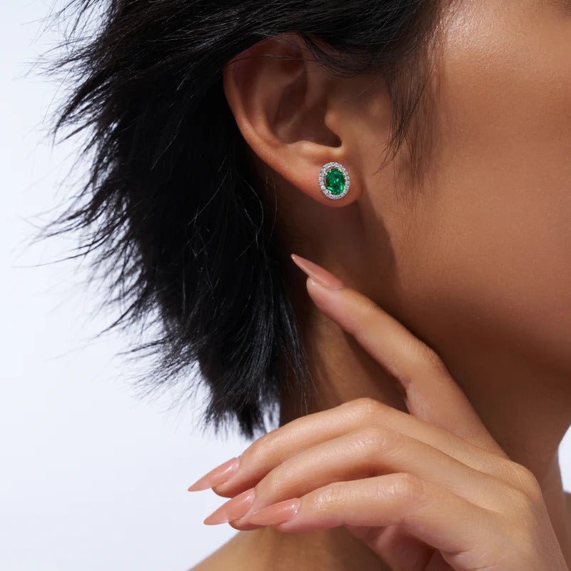Lab Emerald Oval Halo Stud Earrings | 925 Silver 18K Gold Plated | 5×7mm Green Moissanite