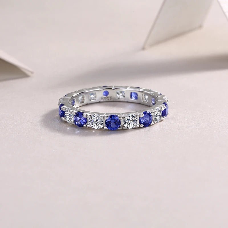 Moissanite & Blue Sapphire Alternating Ring | 925 Silver 18K Gold Plated | GRA Certified