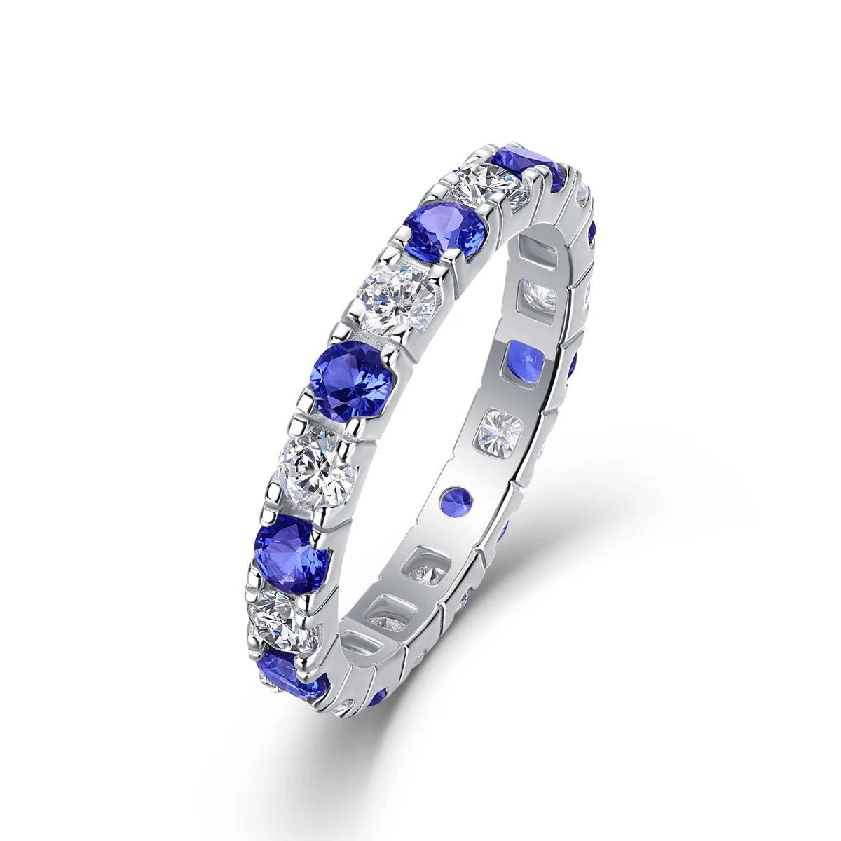 Moissanite & Blue Sapphire Alternating Ring | 925 Silver 18K Gold Plated | GRA Certified