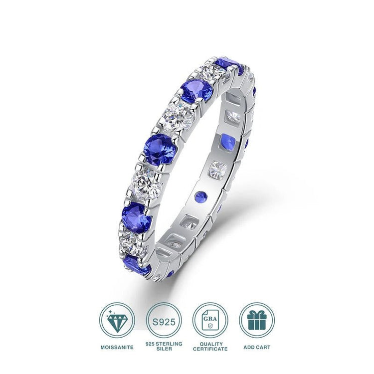 Moissanite & Blue Sapphire Alternating Ring | 925 Silver 18K Gold Plated | GRA Certified