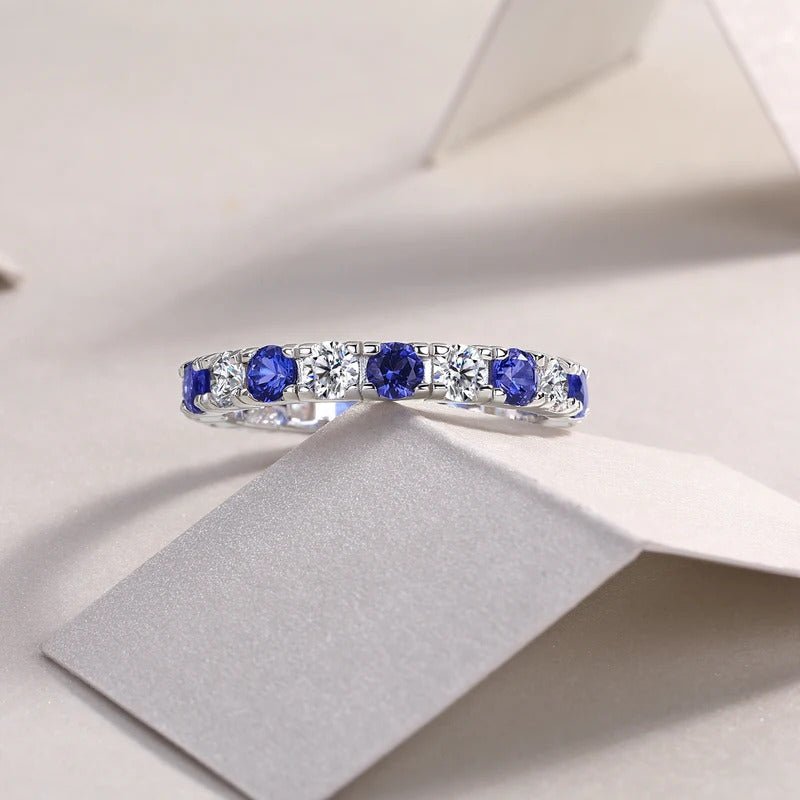 Moissanite & Blue Sapphire Alternating Ring | 925 Silver 18K Gold Plated | GRA Certified